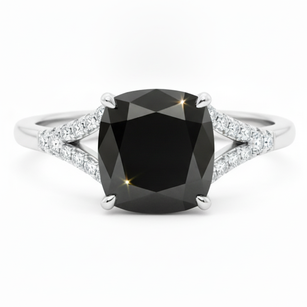 Black Diamond Ring 3.2 Carat Real Cushion Pave Cathedral 14K White Gold