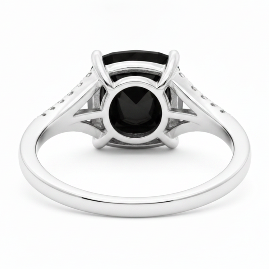Black Diamond Ring 3.2 Carat Real Cushion Pave Cathedral 14K White Gold