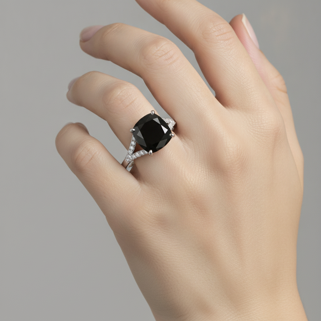 Black Diamond Ring 3.2 Carat Real Cushion Pave Cathedral 14K White Gold