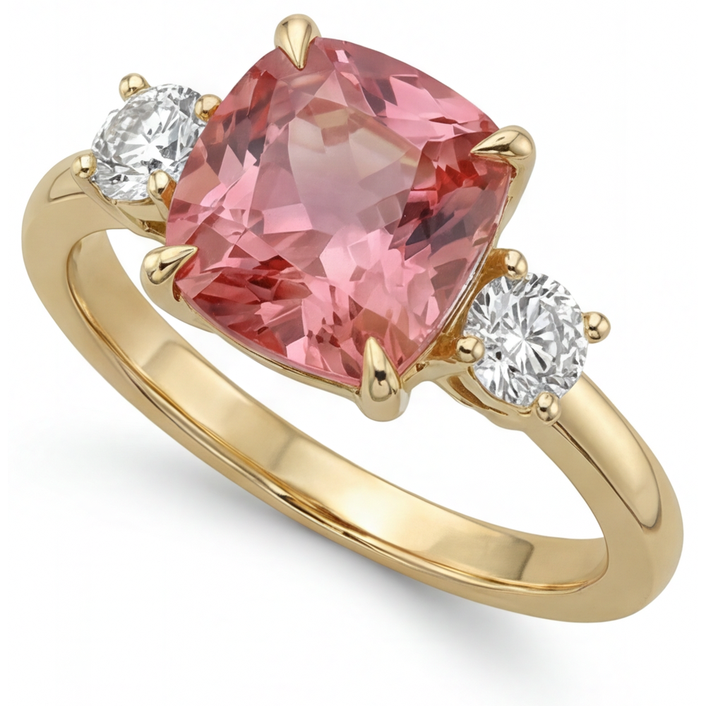 Padparadscha Sapphire Engagement Ring 4.6 Carat Lab Grown Cushion Three Stone 14K Yellow Gold