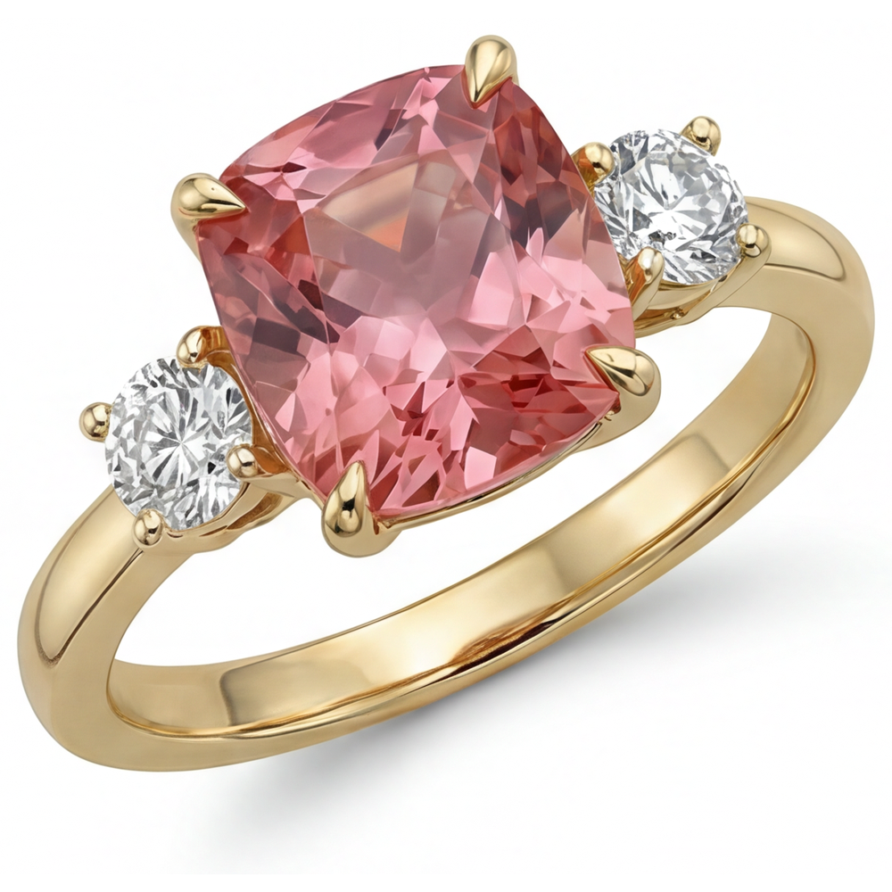 Padparadscha Sapphire Engagement Ring 4.6 Carat Lab Grown Cushion Three Stone 14K Yellow Gold