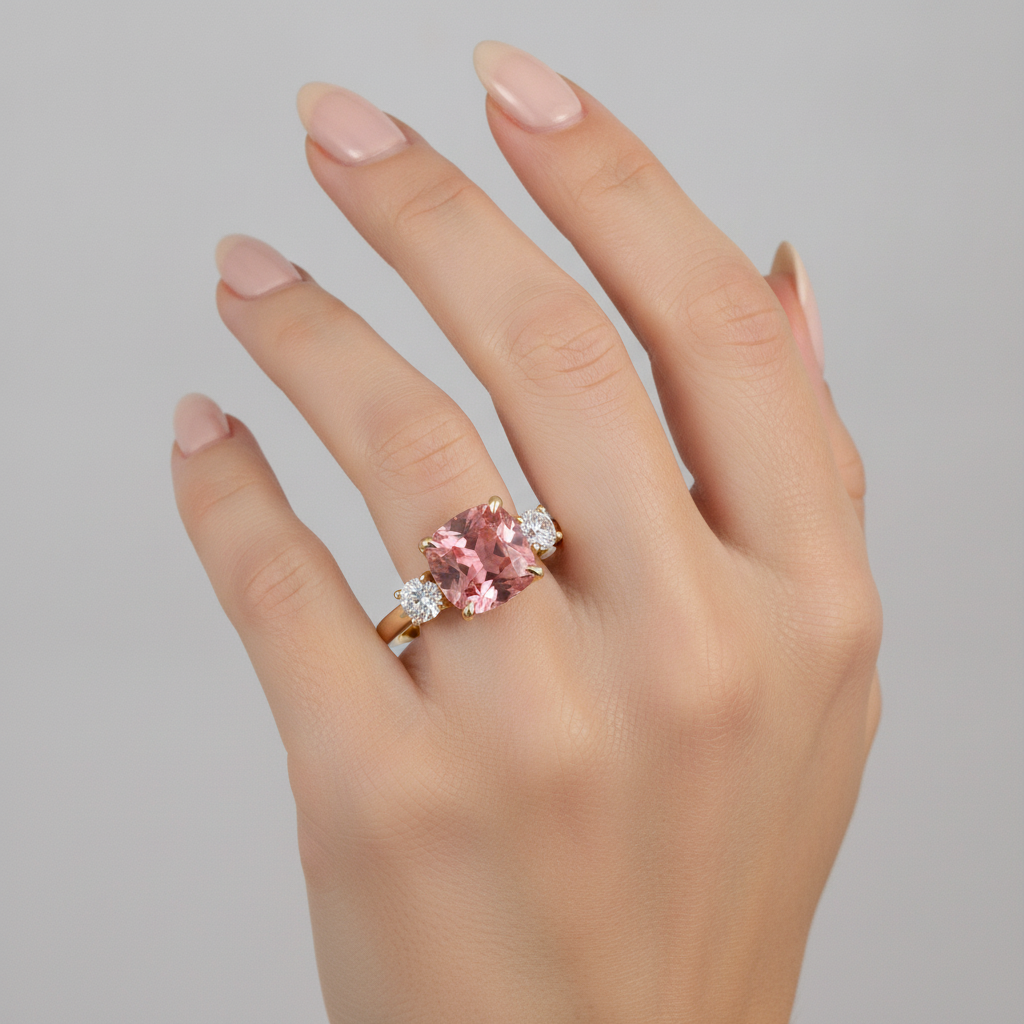 Padparadscha Sapphire Engagement Ring 4.6 Carat Lab Grown Cushion Three Stone 14K Yellow Gold