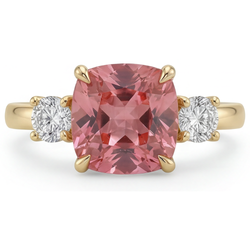 Padparadscha Sapphire Engagement Ring 4.6 Carat Lab Grown Cushion Three Stone 14K Yellow Gold