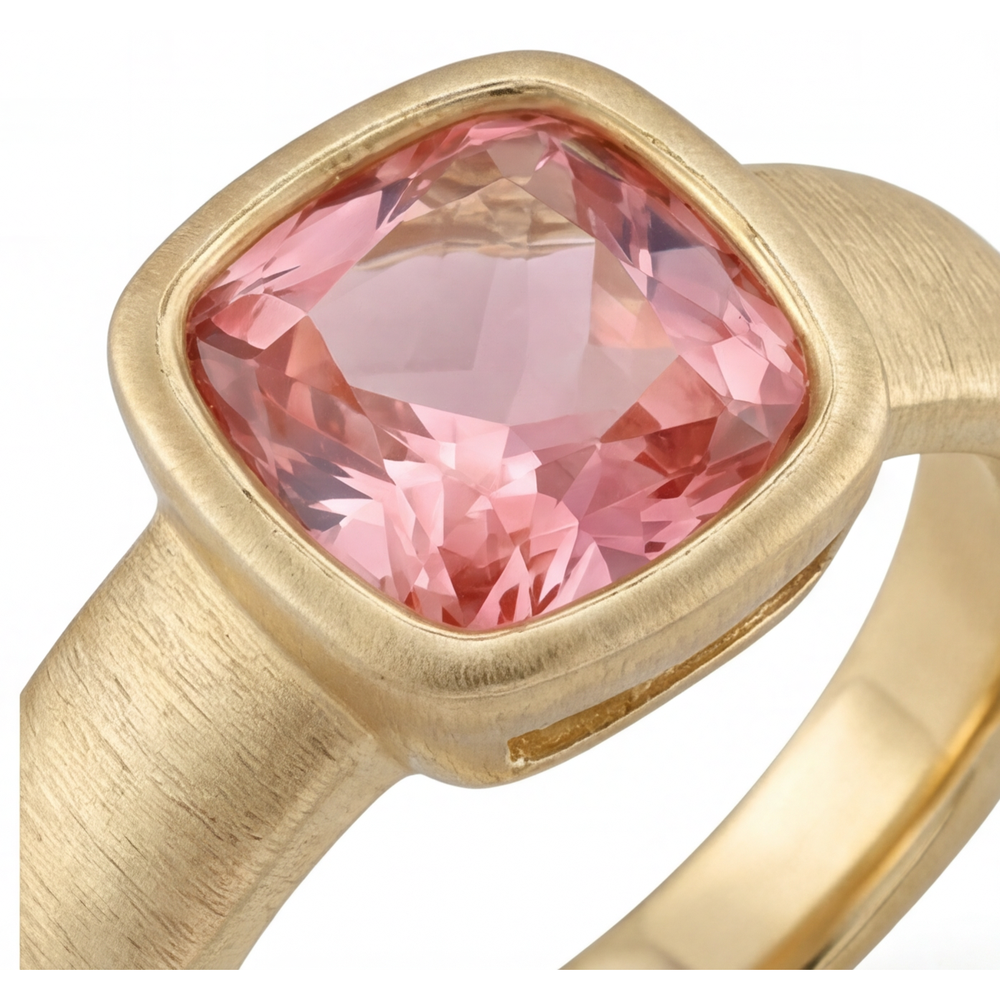 Peach Sapphire 4 Carat Lab Grown Cushion Padparadscha Bezel Solitaire Ring 14K Yellow Gold