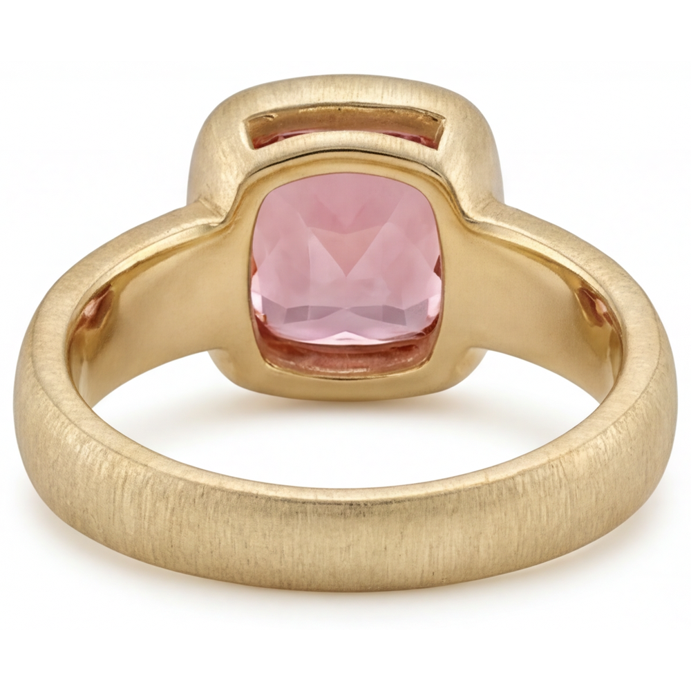 Peach Sapphire 4 Carat Lab Grown Cushion Padparadscha Bezel Solitaire Ring 14K Yellow Gold