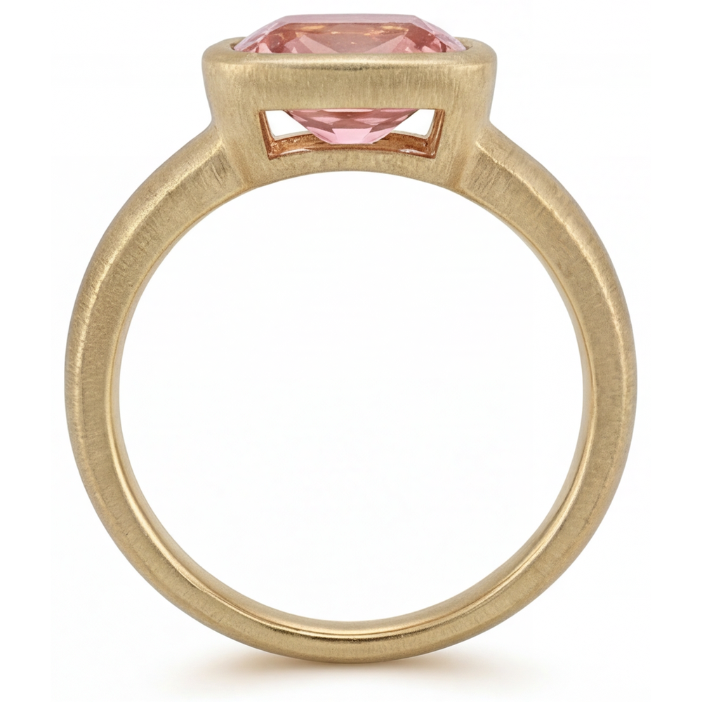 Peach Sapphire 4 Carat Lab Grown Cushion Padparadscha Bezel Solitaire Ring 14K Yellow Gold