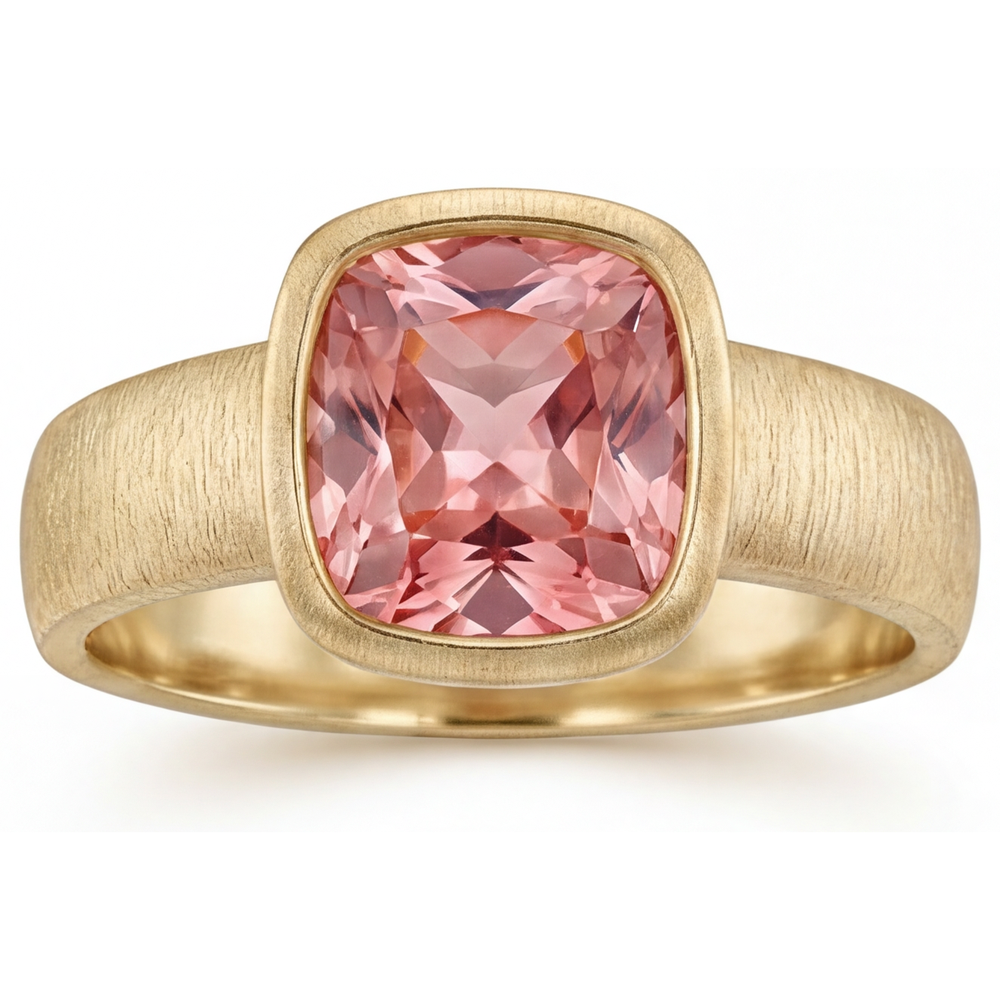 Peach Sapphire 4 Carat Lab Grown Cushion Padparadscha Bezel Solitaire Ring 14K Yellow Gold