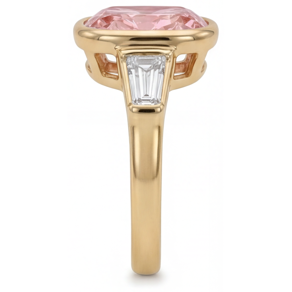Peach Sapphire 3.9 Carat Natural Cushion Padparadscha and White Baguette Bezel Three Stone Ring 14K Yellow Gold