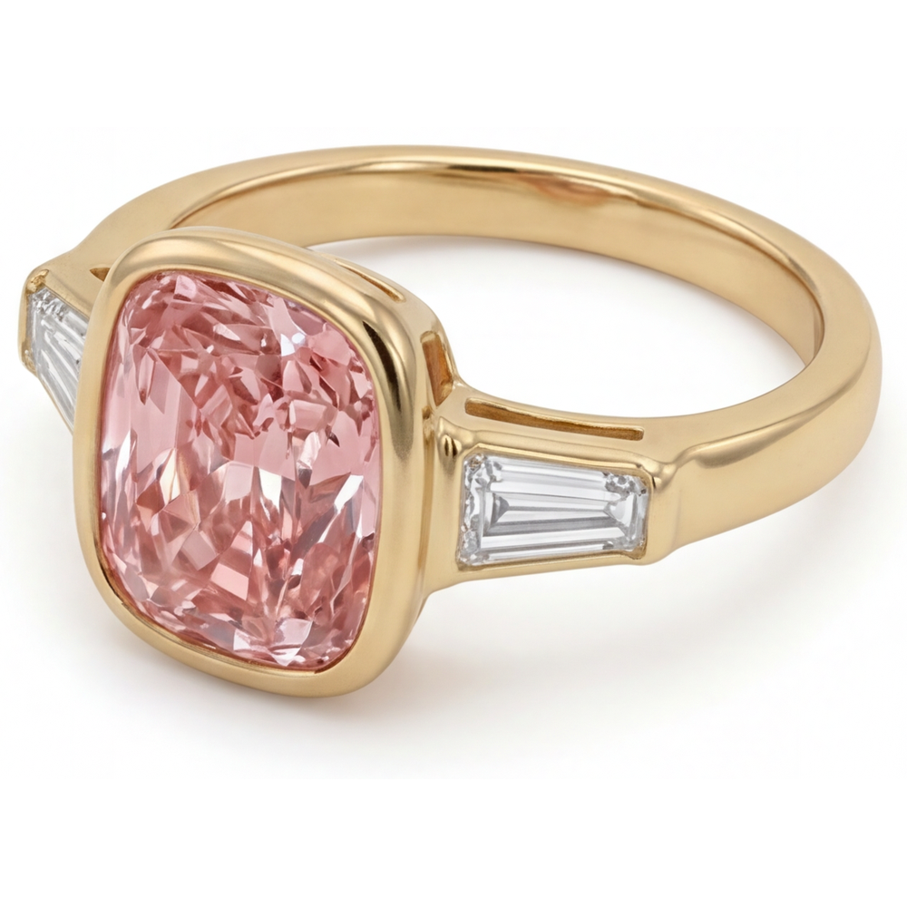 Peach Sapphire 3.9 Carat Natural Cushion Padparadscha and White Baguette Bezel Three Stone Ring 14K Yellow Gold
