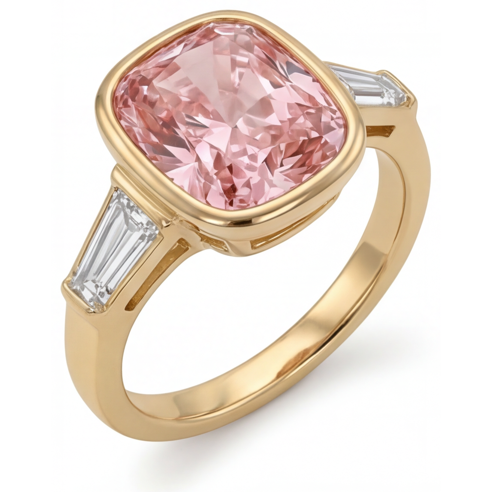 Peach Sapphire 3.9 Carat Natural Cushion Padparadscha and White Baguette Bezel Three Stone Ring 14K Yellow Gold
