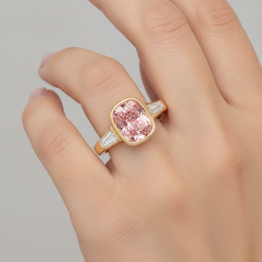 Peach Sapphire 3.9 Carat Natural Cushion Padparadscha and White Baguette Bezel Three Stone Ring 14K Yellow Gold