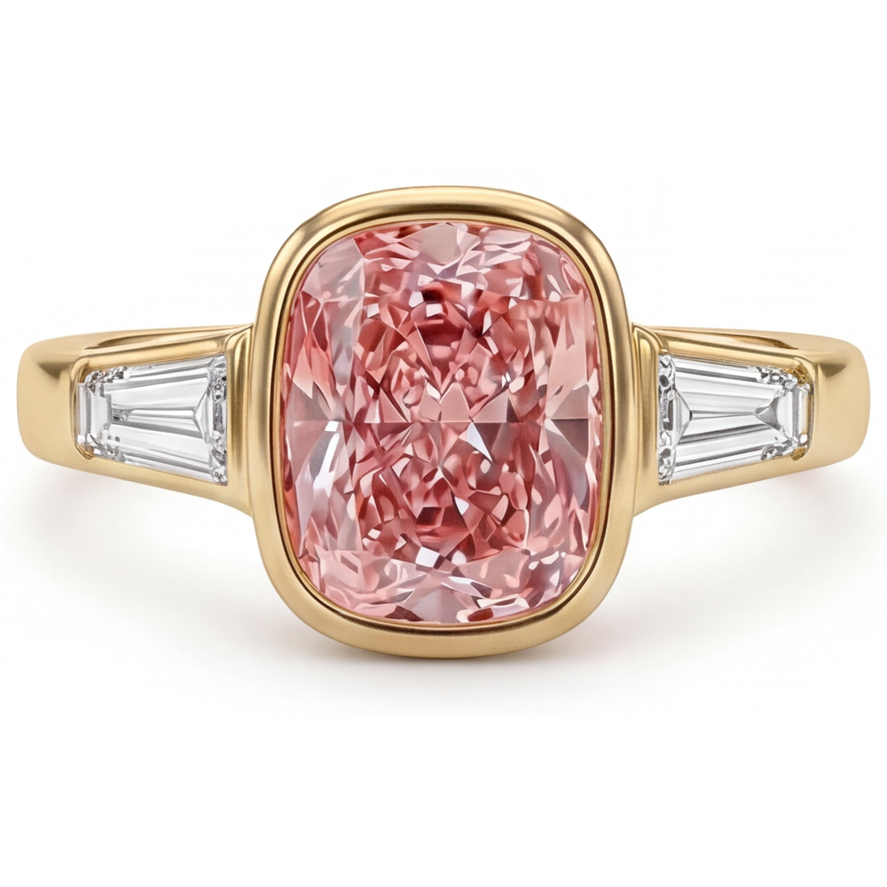 Peach Sapphire 3.9 Carat Natural Cushion Padparadscha and White Baguette Bezel Three Stone Ring 14K Yellow Gold