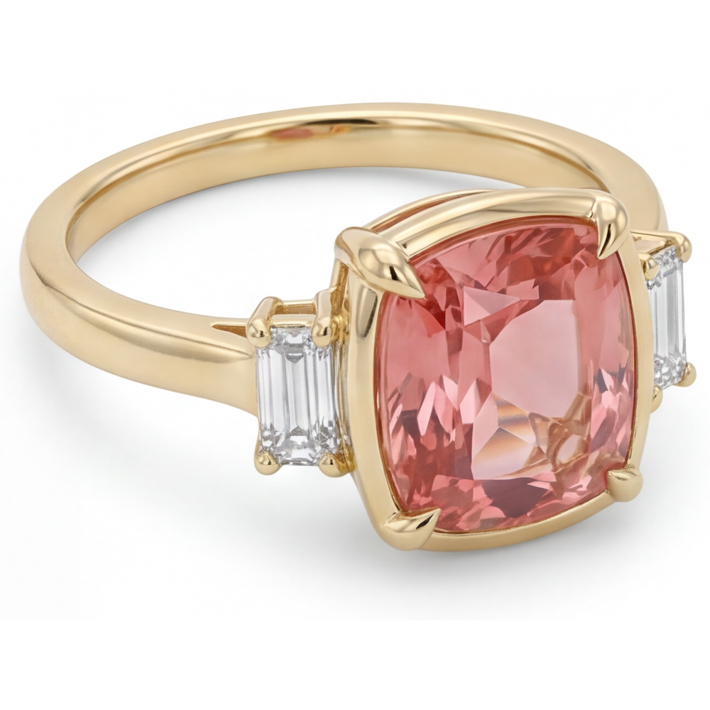 Padparadscha Sapphire And Diamond Ring 3.4 Carat Real Cushion White Baguette Three Stone 14K Yellow Gold
