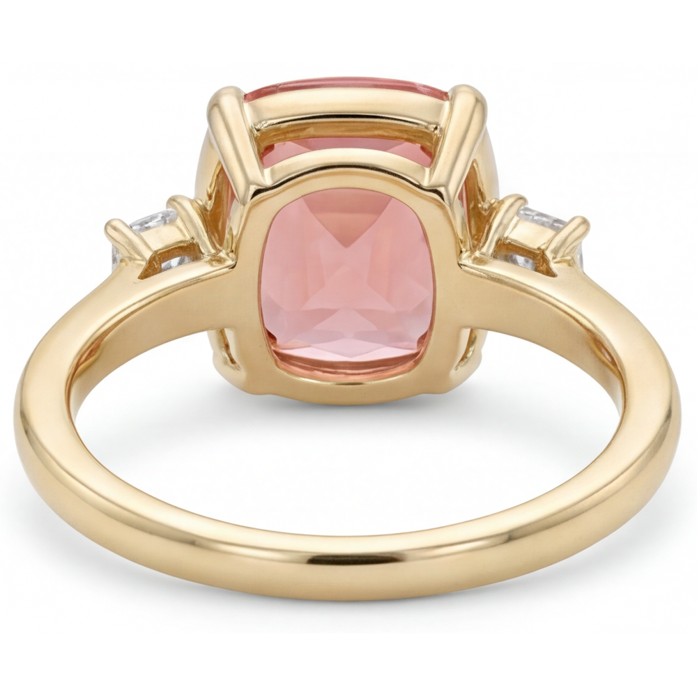 Padparadscha Sapphire And Diamond Ring 3.4 Carat Real Cushion White Baguette Three Stone 14K Yellow Gold