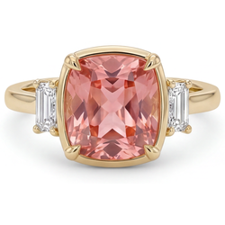 Padparadscha Sapphire And Diamond Ring 3.4 Carat Real Cushion White Baguette Three Stone 14K Yellow Gold