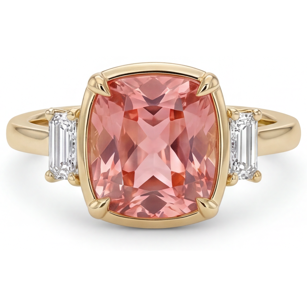 Padparadscha Sapphire And Diamond Ring 3.4 Carat Real Cushion White Baguette Three Stone 14K Yellow Gold