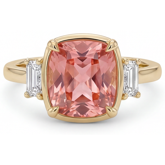 Padparadscha Sapphire And Diamond Ring 3.4 Carat Real Cushion White Baguette Three Stone 14K Yellow Gold