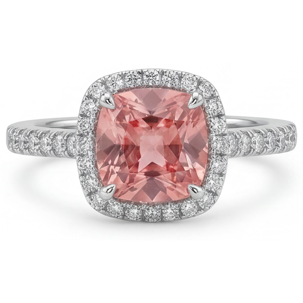 Vintage Padparadscha Sapphire Ring 2.8 Carat Real Cushion Halo Pave 14K White Gold