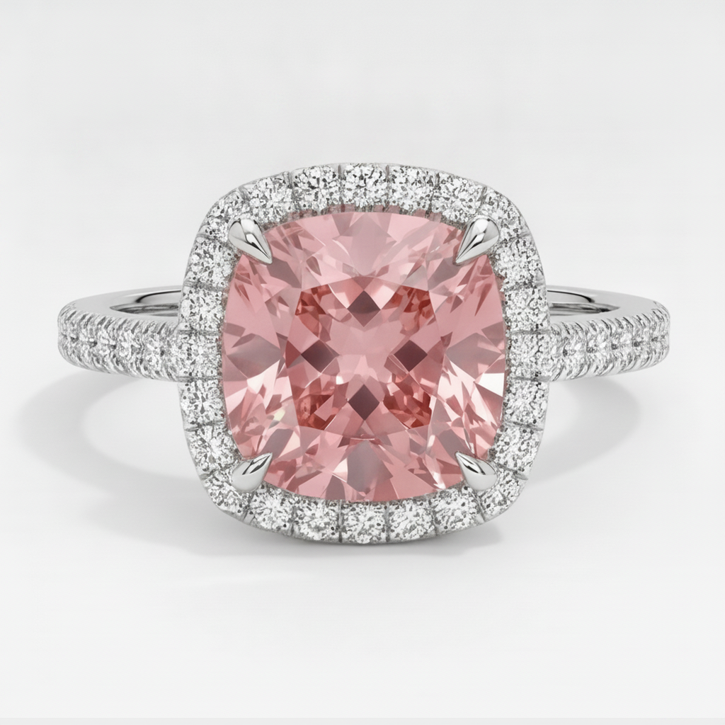 Peach Sapphire 2.8 Carat Natural Cushion Padparadscha Halo Pave Ring 14K White Gold