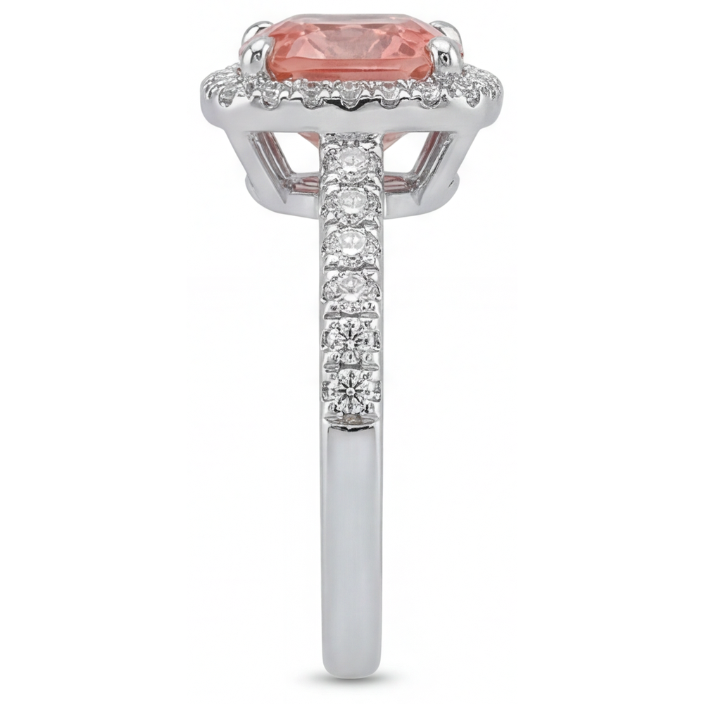 Vintage Padparadscha Sapphire Ring 2.8 Carat Real Cushion Halo Pave 14K White Gold