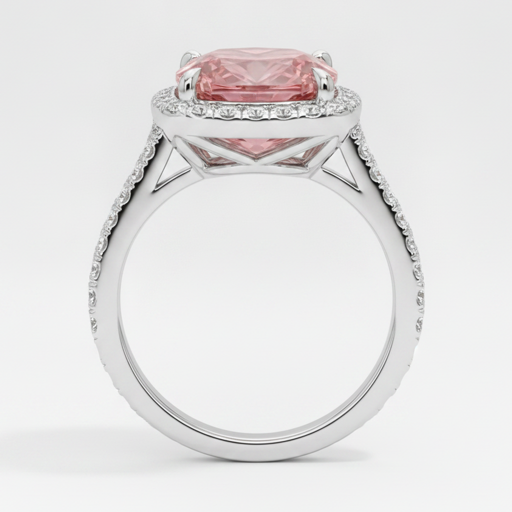 Peach Sapphire 2.8 Carat Natural Cushion Padparadscha Halo Pave Ring 14K White Gold