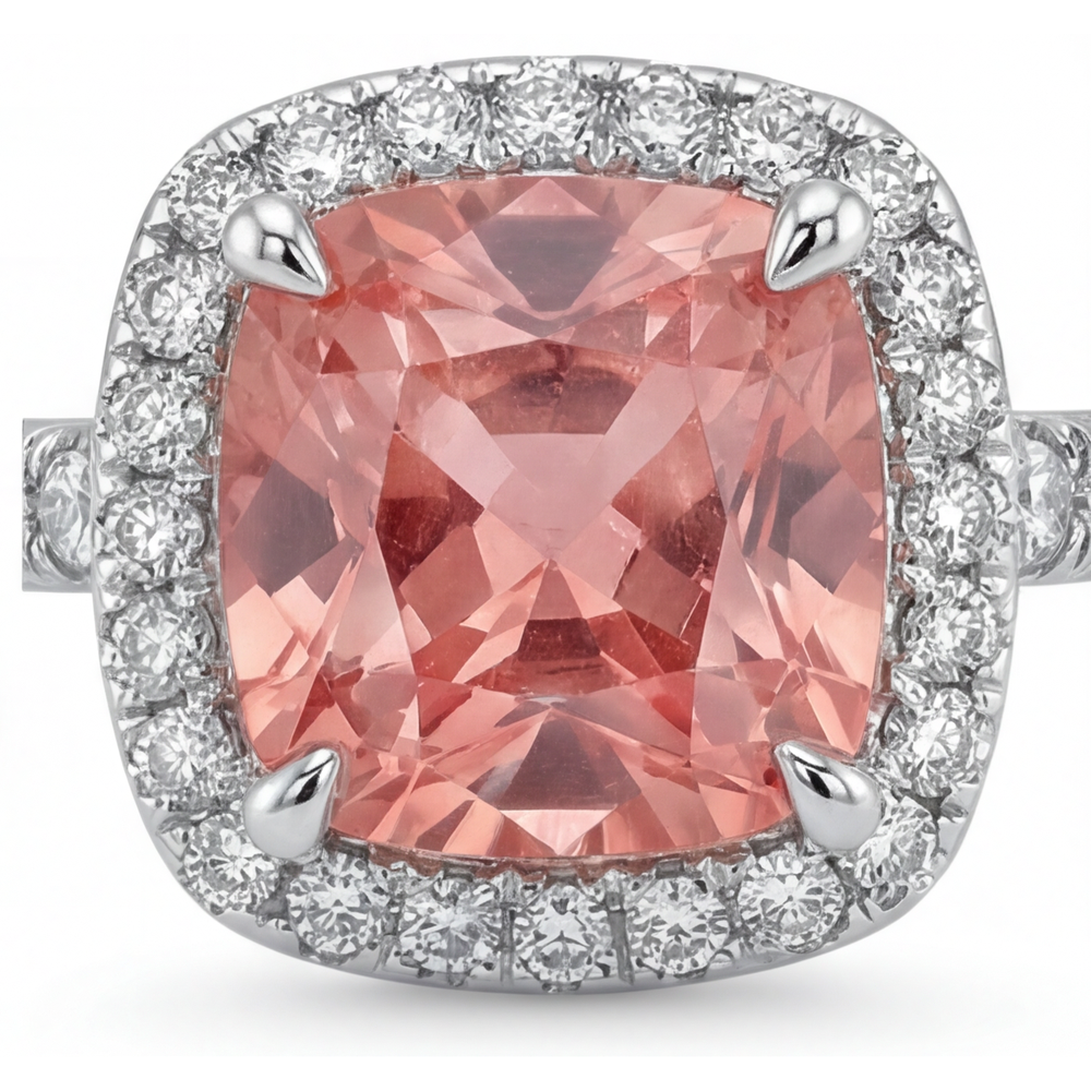 Vintage Padparadscha Sapphire Ring 2.8 Carat Real Cushion Halo Pave 14K White Gold