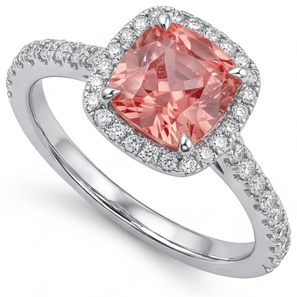 Vintage Padparadscha Sapphire Ring 2.8 Carat Real Cushion Halo Pave 14K White Gold