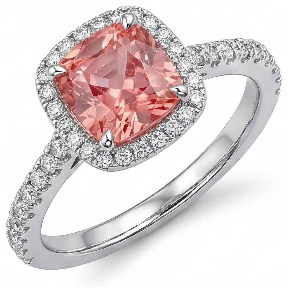 Vintage Padparadscha Sapphire Ring 2.8 Carat Real Cushion Halo Pave 14K White Gold