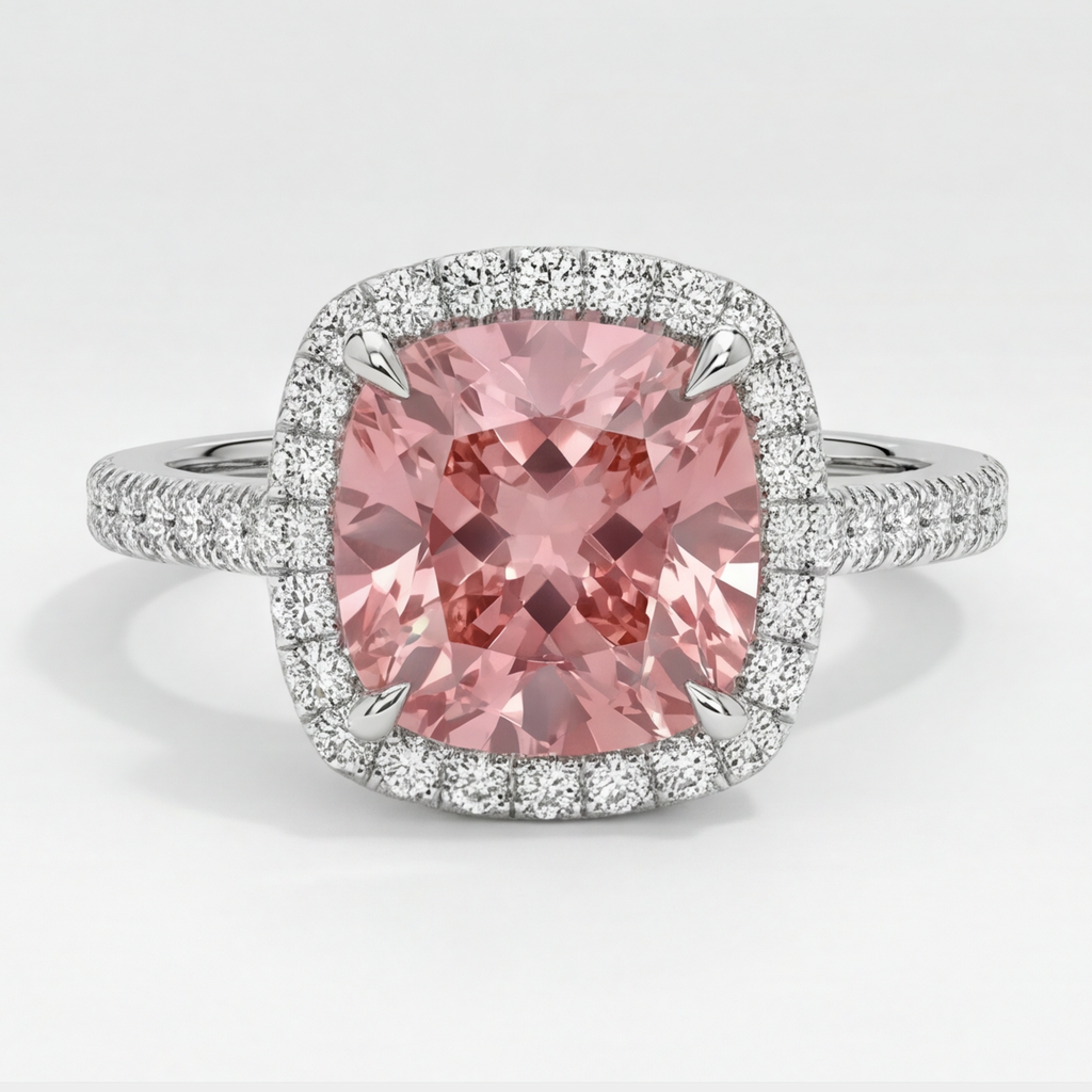Peach Sapphire 2.8 Carat Natural Cushion Padparadscha Halo Pave Ring 14K White Gold