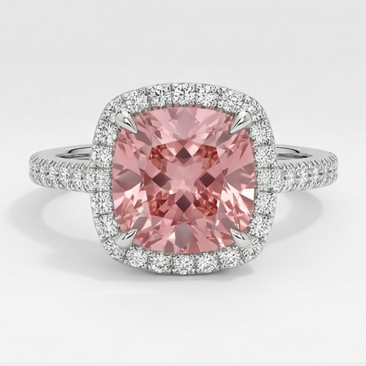 Peach Sapphire 2.8 Carat Natural Cushion Padparadscha Halo Pave Ring 14K White Gold