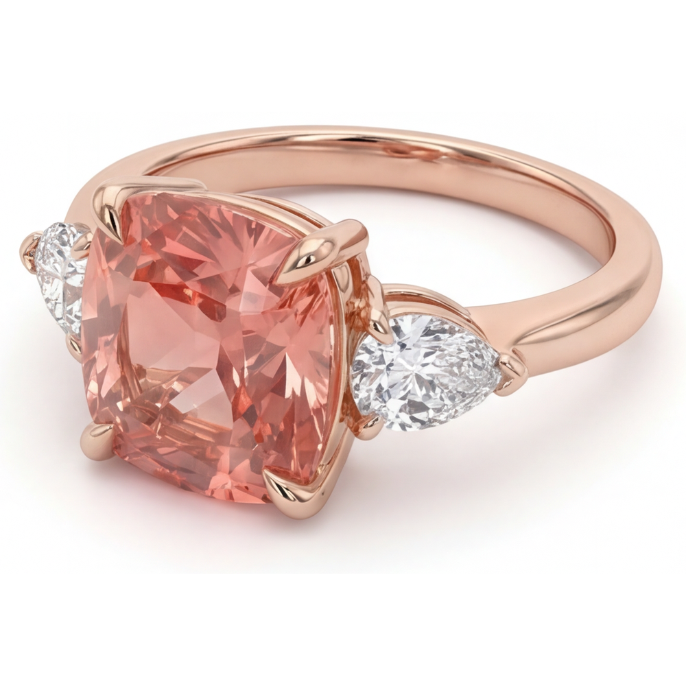 Padparadscha Sapphire Engagement Ring 2.9 Carat Natural Cushion Three Stone Plain 14K Rose Gold