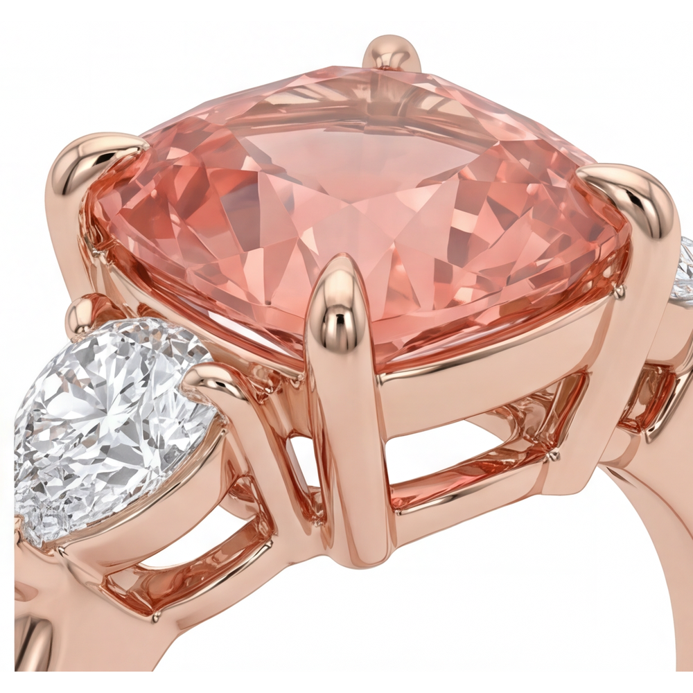 Padparadscha Sapphire Engagement Ring 2.9 Carat Natural Cushion Three Stone Plain 14K Rose Gold