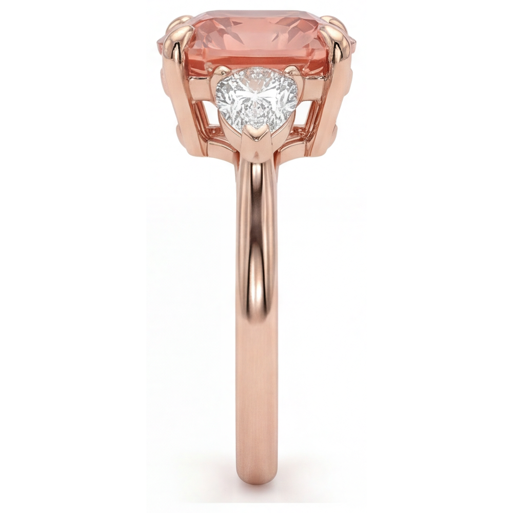 Peach Sapphire 2.9 Carat Natural Cushion Padparadscha and White Half Moon Three Stone Ring 14K Rose Gold