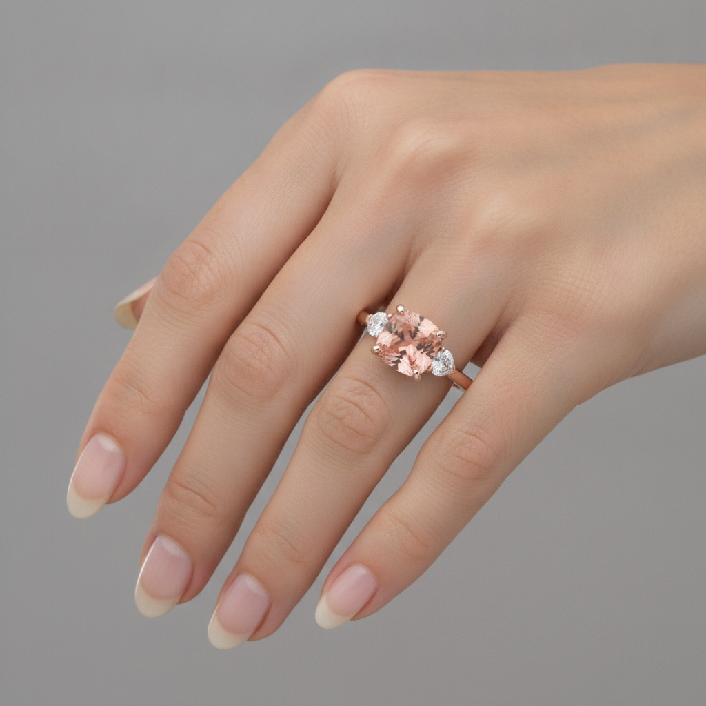 Peach Sapphire 2.9 Carat Natural Cushion Padparadscha and White Half Moon Three Stone Ring 14K Rose Gold