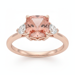 Peach Sapphire 2.9 Carat Natural Cushion Padparadscha and White Half Moon Three Stone Ring 14K Rose Gold