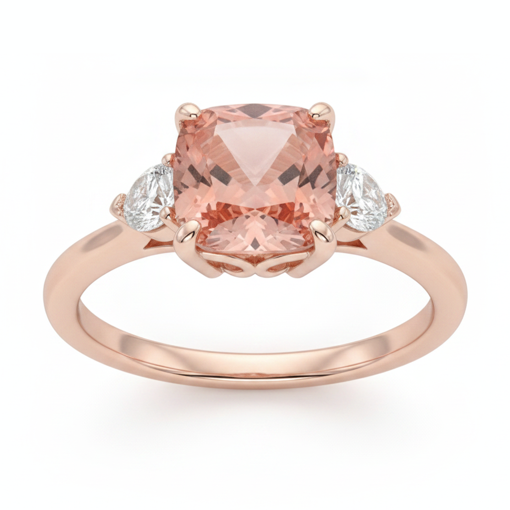 Peach Sapphire 2.9 Carat Natural Cushion Padparadscha and White Half Moon Three Stone Ring 14K Rose Gold