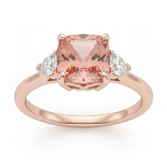 Peach Sapphire 2.9 Carat Natural Cushion Padparadscha and White Half Moon Three Stone Ring 14K Rose Gold