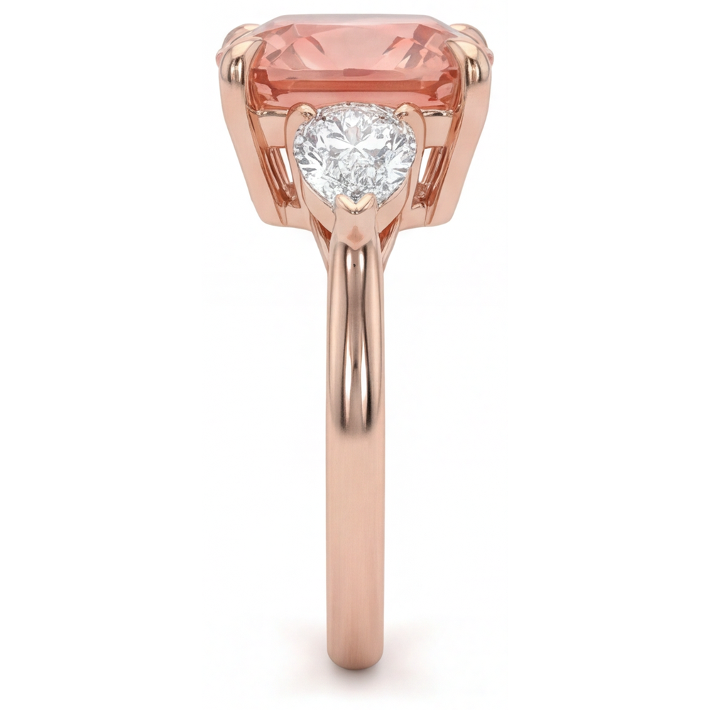 Peach Sapphire 2.9 Carat Natural Cushion Padparadscha Three Stone Tapered Ring 14K Rose Gold