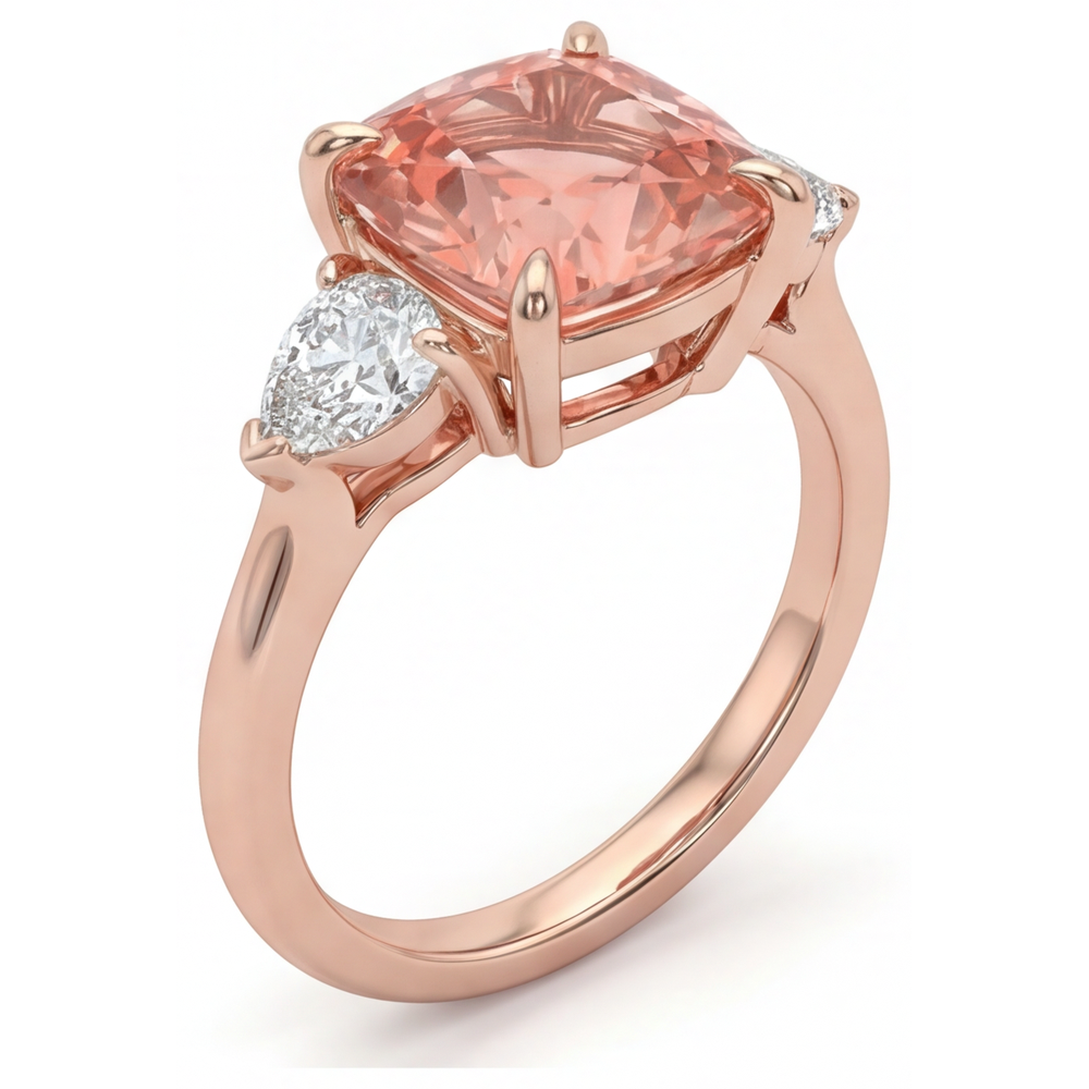 Peach Sapphire 2.9 Carat Natural Cushion Padparadscha Three Stone Tapered Ring 14K Rose Gold