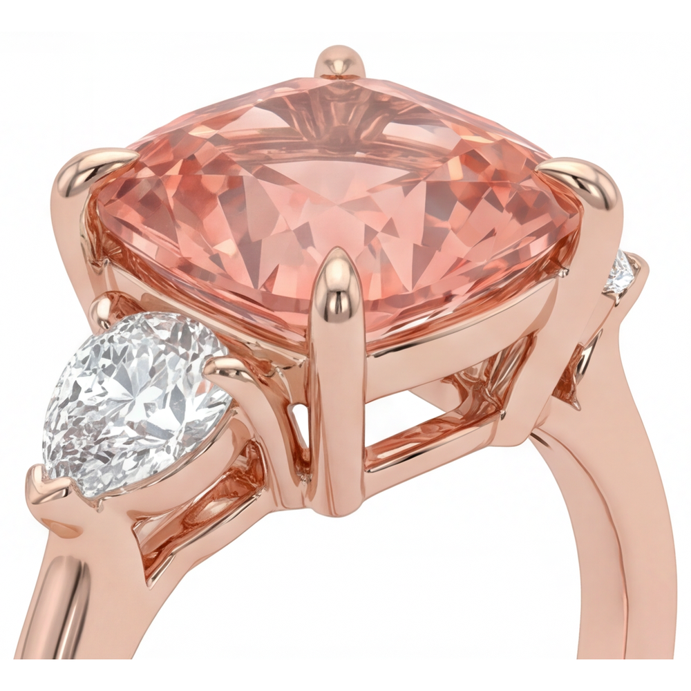 Peach Sapphire 2.9 Carat Natural Cushion Padparadscha Three Stone Tapered Ring 14K Rose Gold