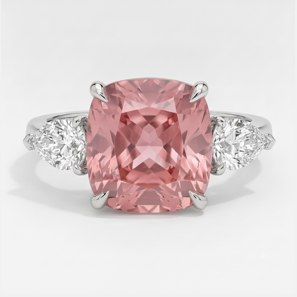 Padparadscha Sapphire Ring 3.6 Carat Natural Cushion Three Stone Platinum