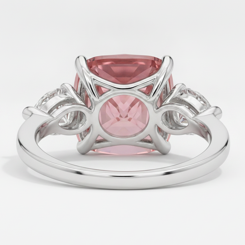 Padparadscha Sapphire Ring 3.6 Carat Natural Cushion Three Stone Platinum