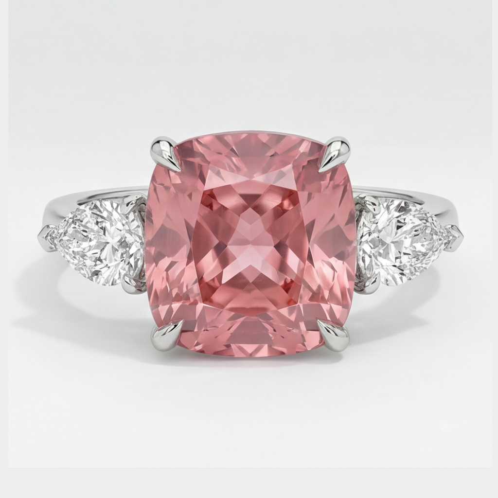 Padparadscha Sapphire Ring 3.6 Carat Natural Cushion Three Stone Platinum