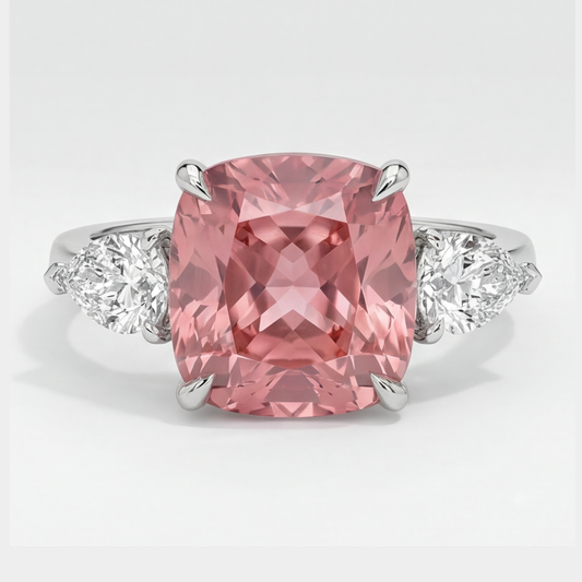 Padparadscha Sapphire Ring 3.6 Carat Natural Cushion Three Stone Platinum