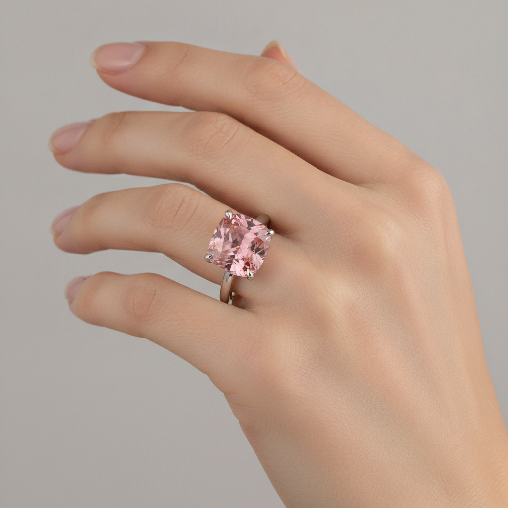 Padparadscha Sapphire Engagement Ring 3 Carat Natural Cushion Solitaire Plain 14K White Gold
