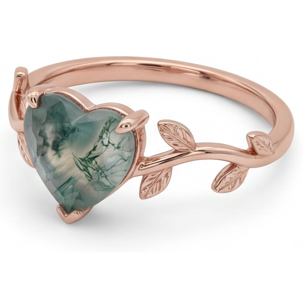Heart Cut Dendritic Agate ring in 14K Rose Gold – side view