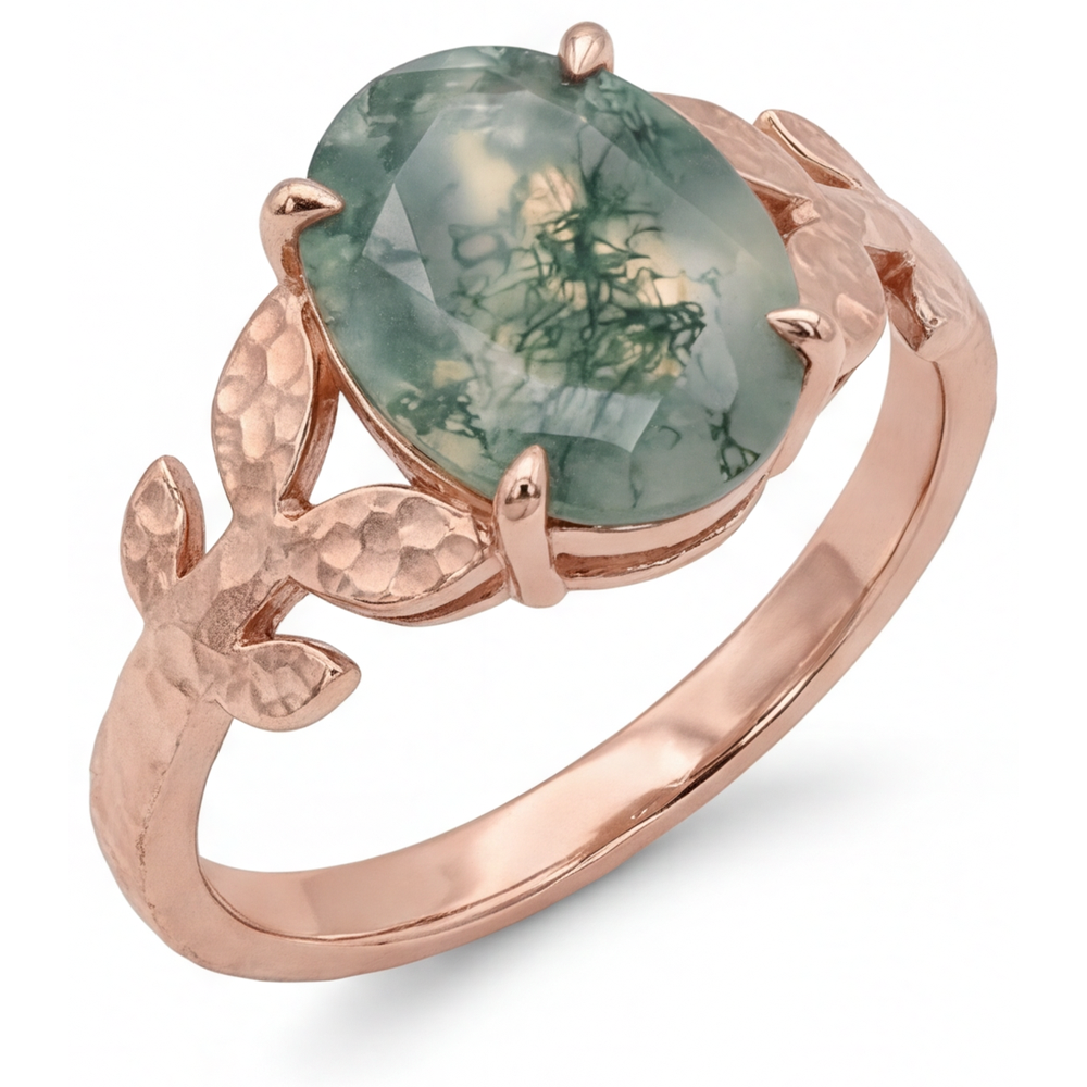 Authentic Dendritic Agate Precious Stone Ring 4.0 ct 14K Rose Gold – front view