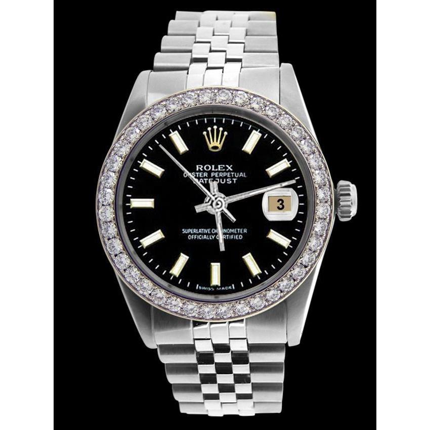 Diamond Bezel  Rolex Men Watch Black Stick Dial Ss Jubilee Bracelet QUICK SET