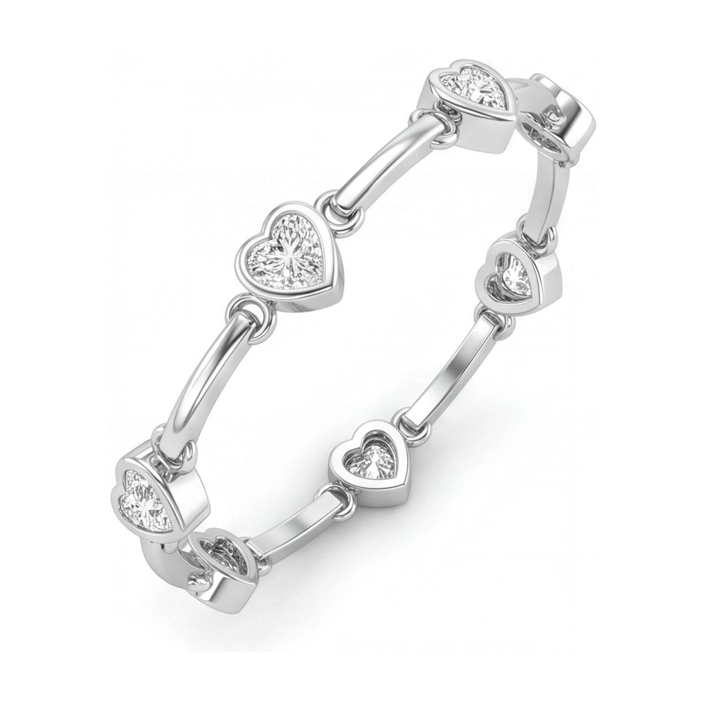Diamond Heart Bracelet 4 Carat Lab Grown Bar Station 14K White Gold 7 Inch