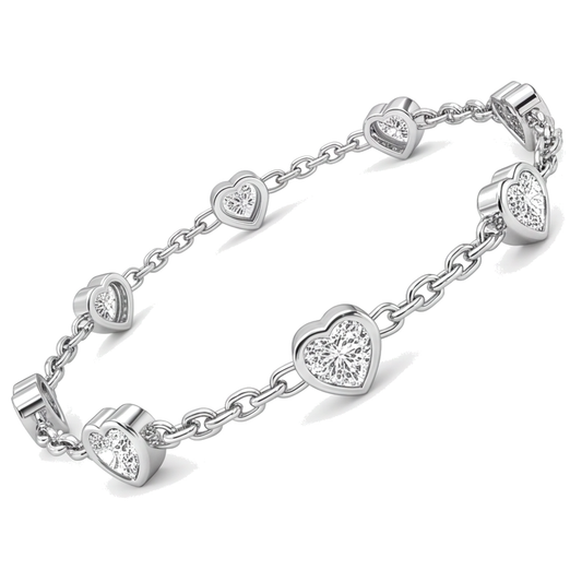Diamond Heart Station Bracelet 3 Carat Lab Grown Bezel 14K White Gold 7 Inch